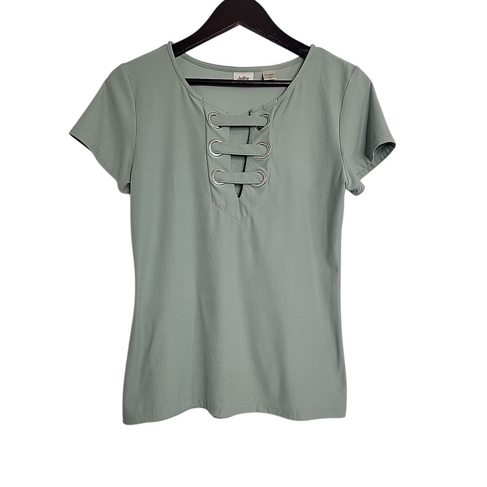 Daytrip Women's Lace-Up Grommet Top Green Short‎ Sleeve Soft NWOT